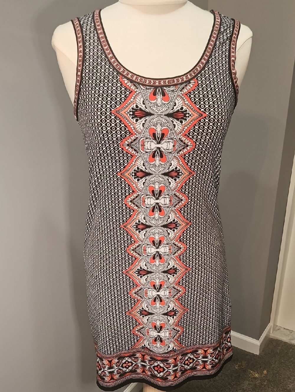 Max Studio Black White and Coral Printed Tank Dress